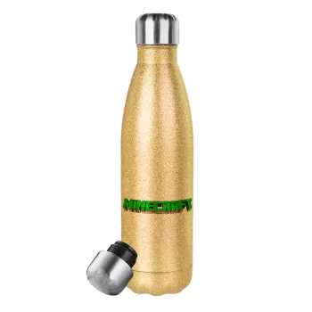 Minecraft logo green, Glitter gold stainless steel thermos bottle, double-walled, 500ml