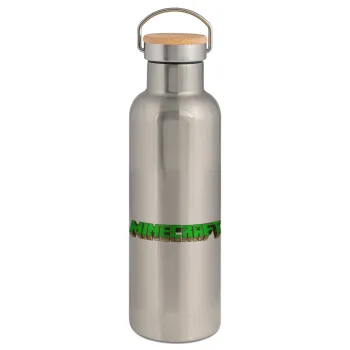 Minecraft logo green, Stainless steel Silver with wooden lid (bamboo), double wall, 750ml