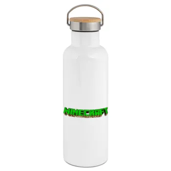 Minecraft logo green, Μεταλλικό παγούρι θερμός (Stainless steel) Λευκό με ξύλινο καπάκι (bamboo), διπλού τοιχώματος, 750ml