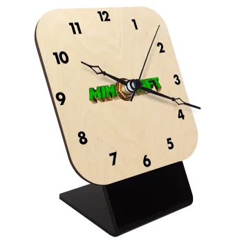 Minecraft logo green, Quartz Table clock in natural wood (10cm)