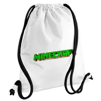 Minecraft logo green, Backpack pouch GYMBAG white, with pocket (40x48cm) & thick cords