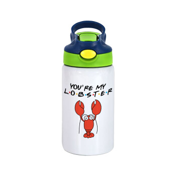 Friends you're my lobster, Children's hot water bottle, stainless steel, with safety straw, green, blue (350ml)