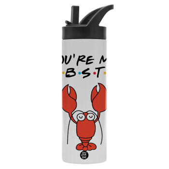 Friends you're my lobster, Metallic thermos bottle with straw & handle, stainless steel (Stainless steel 304), double-walled, 600ml.