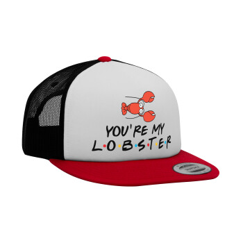 Friends you're my lobster, Adult Foam Flat Snapback with Mesh Red-White-Black (POLYESTER, ADULT, UNISEX, ONE SIZE)