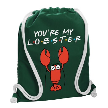 Friends you're my lobster, Τσάντα πλάτης πουγκί GYMBAG BOTTLE GREEN, με τσέπη (40x48cm) & χονδρά λευκά κορδόνια