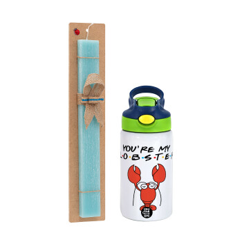 Friends you're my lobster, Easter Set, Children's thermal stainless steel bottle with safety straw, green/blue (350ml) & aromatic flat Easter candle (30cm) (TURQUOISE)