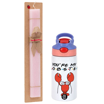 Friends you're my lobster, Easter Set, Children's thermal stainless steel water bottle with safety straw, pink/purple (350ml) & Easter scented flat candle (30cm) (PINK)