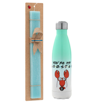 Friends you're my lobster, Easter Set, Metallic green/white thermos (Stainless steel), double-walled, 500ml & scented flat Easter candle (30cm) (TURQUOISE)