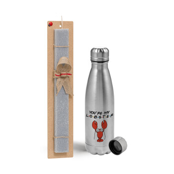 Friends you're my lobster, Easter Set, metallic Inox water bottle (750ml) & aromatic flat Easter candle (30cm) (GRAY)