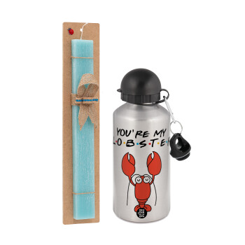 Friends you're my lobster, Easter Set, metallic silver aluminum water bottle (500ml) & scented flat Easter candle (30cm) (TURQUOISE)