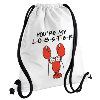 Friends you're my lobster, Τσάντα πλάτης πουγκί GYMBAG λευκή, με τσέπη (40x48cm) & χονδρά κορδόνια