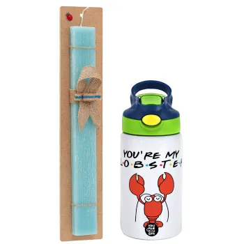 Friends you're my lobster, Easter Set, Children's thermal stainless steel bottle with safety straw, green/blue (350ml) & aromatic flat Easter candle (30cm) (TURQUOISE)