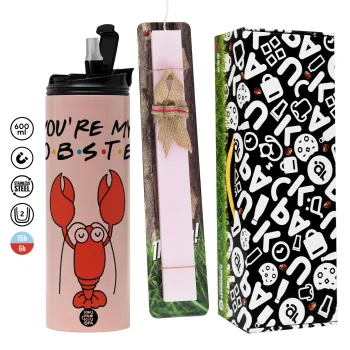 Friends you're my lobster, Πασχαλινή Λαμπάδα με  ΡΟΖ Travel Tumbler θερμό (600ml, BPA free) & κερί αρωματικό πλακέ (30cm) (ΡΟΖ)