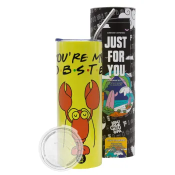 Friends you're my lobster, Neon Yellow Travel Tumbler θερμό, μεταλλικό καλαμάκι(Ανωξείδωτο 304 Food grade, BPA free, 600ml)