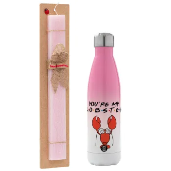 Friends you're my lobster, Easter Set, Metallic pink/white (Stainless steel) thermos, double-walled, 500ml & aromatic flat Easter candle (30cm) (PINK)