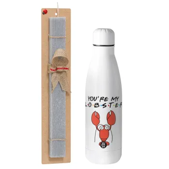 Friends you're my lobster, Πασχαλινή Λαμπάδα με μεταλλικό παγούρι θερμός ανοξείδωτο (500ml) & κερί αρωματικό πλακέ (30cm) (ΓΚΡΙ)