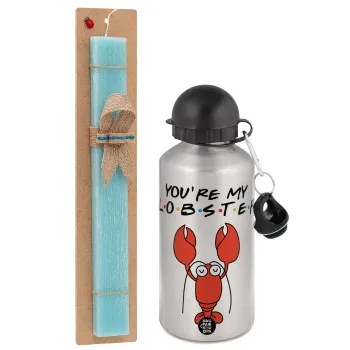 Friends you're my lobster, Easter Set, metallic silver aluminum water bottle (500ml) & scented flat Easter candle (30cm) (TURQUOISE)