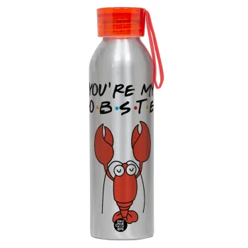 Friends you're my lobster, Αλουμινένιο Αθλητικό Μπουκάλι 650ml – Ασημί με Κόκκινο Καπάκι και Λουράκι Σιλικόνης