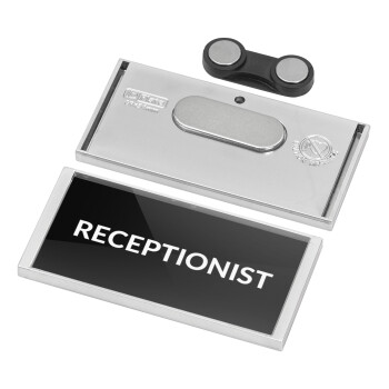 RECEPTIONIST, Name Tags/Badge Silver με μαγνήτη ασφαλείας (75x36mm)