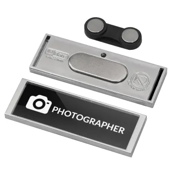 PHOTOGRAPHER, Name Tags/Badge Silver με μαγνήτη ασφαλείας