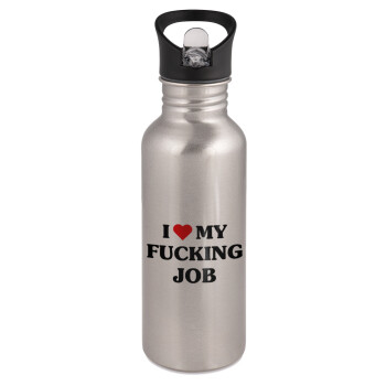 I love my fucking job, Water bottle Silver with straw, stainless steel 600ml