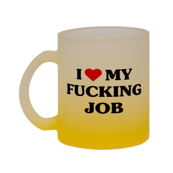 I love my fucking job, Κούπα γυάλινη δίχρωμη με βάση το κίτρινο ματ, 330ml