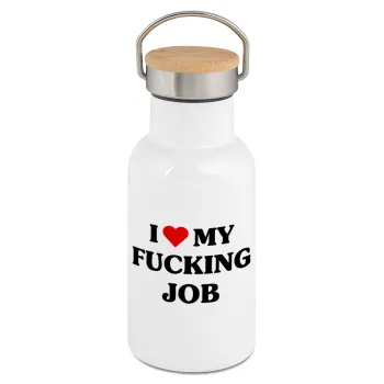 I love my fucking job, Metallic thermos (Stainless steel) White with wooden lid (bamboo), double-walled, 350ml
