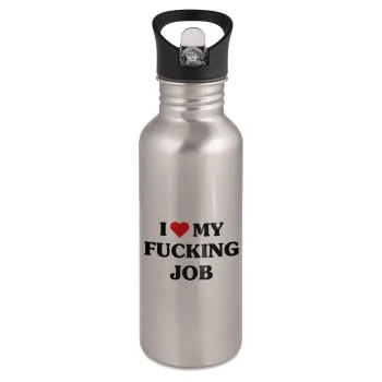 I love my fucking job, Water bottle Silver with straw, stainless steel 600ml