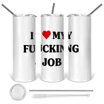 I love my fucking job, Tumbler ποτήρι θερμό από ανοξείδωτο ατσάλι 600ml, με μεταλλικό καλαμάκι & βούρτσα καθαρισμού