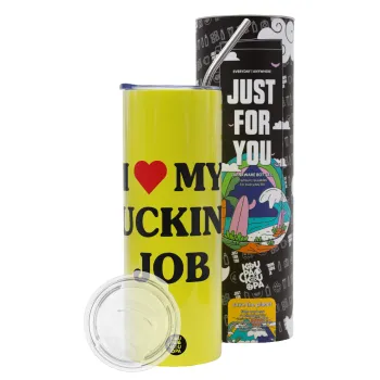 I love my fucking job, Neon Yellow Travel Tumbler θερμό, μεταλλικό καλαμάκι(Ανωξείδωτο 304 Food grade, BPA free, 600ml)