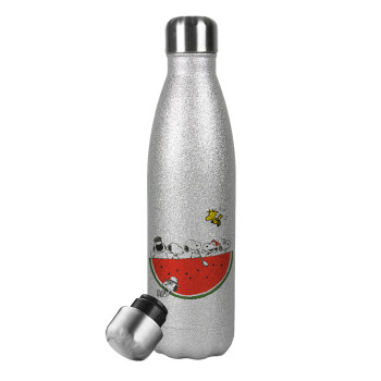 Snoopy summer, Μεταλλικό παγούρι θερμός Glitter Aσημένιο (Stainless steel), διπλού τοιχώματος, 500ml