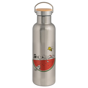 Snoopy summer, Μεταλλικό παγούρι θερμός (Stainless steel) Ασημένιο με ξύλινο καπακι (bamboo), διπλού τοιχώματος, 750ml