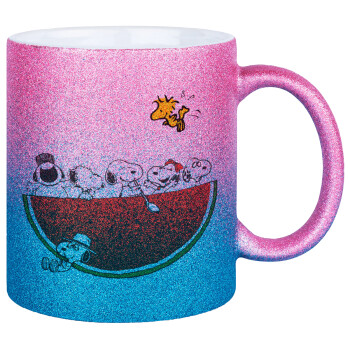Snoopy summer, Κούπα Χρυσή/Μπλε Glitter, κεραμική, 330ml