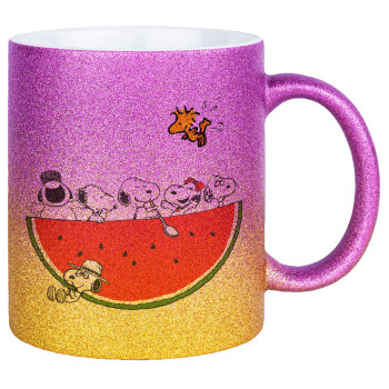 Snoopy summer, Κούπα Χρυσή/Ροζ Glitter, κεραμική, 330ml