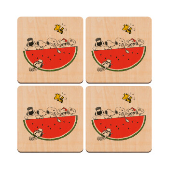 Snoopy summer, ΣΕΤ x4 Σουβέρ ξύλινα τετράγωνα plywood (9cm)