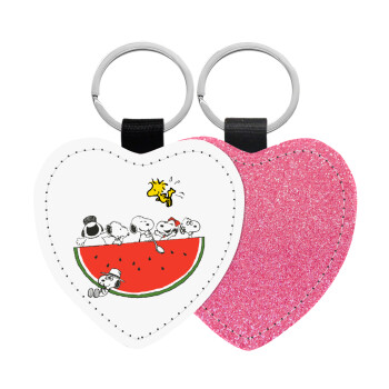 Snoopy summer, Μπρελόκ PU δερμάτινο glitter καρδιά ΡΟΖ