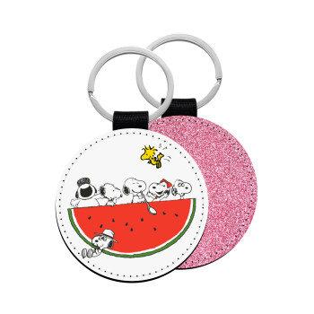 Snoopy summer, Μπρελόκ Δερματίνη, στρογγυλό ΡΟΖ (5cm)