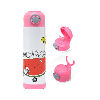 Snoopy summer, Παιδικό παγούρι θερμό, ανοξείδωτο, με καλαμάκι ασφαλείας, ΡΟΖ (500ml)