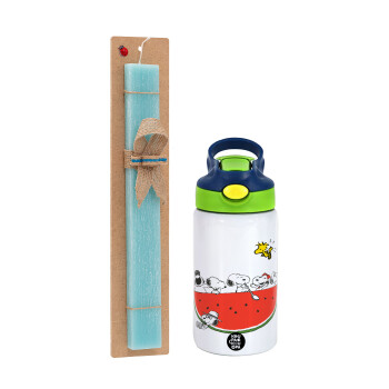 Snoopy summer, Easter Set, Children's thermal stainless steel bottle with safety straw, green/blue (350ml) & aromatic flat Easter candle (30cm) (TURQUOISE)