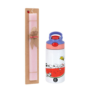 Snoopy summer, Πασχαλινό Σετ, Παιδικό παγούρι θερμό, ανοξείδωτο, με καλαμάκι ασφαλείας, ροζ/μωβ (350ml) & πασχαλινή λαμπάδα αρωματική πλακέ (30cm) (ΡΟΖ)