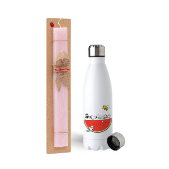 Snoopy summer, Easter Set, metallic stainless steel water bottle (750ml) & scented flat Easter candle (30cm) (PINK)