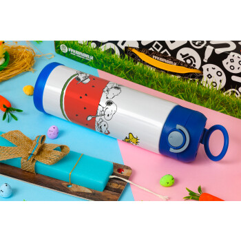 Snoopy summer, Easter candle, Childrens hot water bottle, stainless steel, with safety straw, BLUE (500ml)