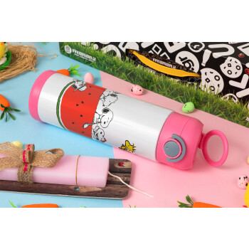 Snoopy summer, Easter candle, Childrens hot water bottle, stainless steel, with safety straw, PINK (500ml)