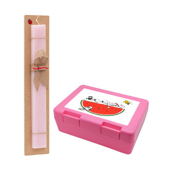 Snoopy summer, Easter Set, children's snack container PINK & scented flat Easter candle (30cm) (PINK)