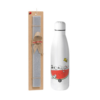 Snoopy summer, Easter Set, metallic stainless thermos bottle (500ml) & scented flat Easter candle (30cm) (GRAY)