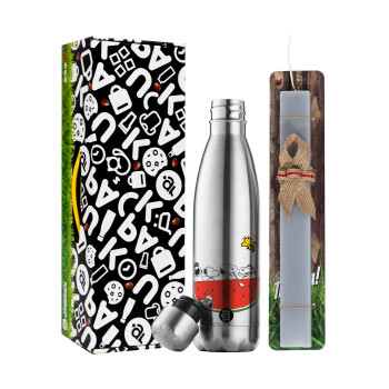 Snoopy summer, Easter Set, metallic stainless thermos flask (500ml) & scented flat Easter candle (30cm) (GRAY)
