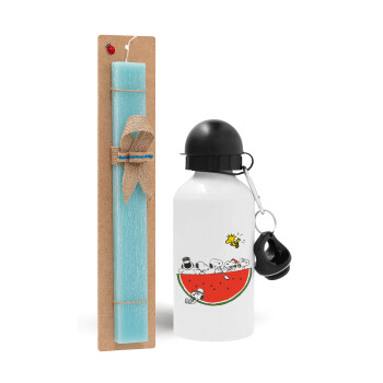 Snoopy summer, Easter Set, metallic aluminum water bottle (500ml) & scented flat candle (30cm) (TURQUOISE)
