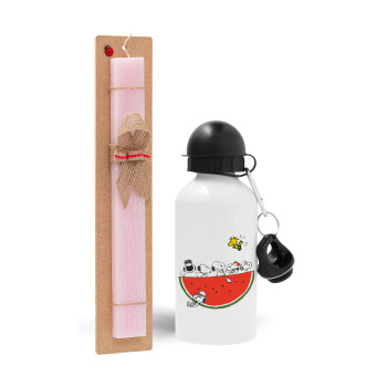 Snoopy summer, Πασχαλινό Σετ, παγούρι μεταλλικό αλουμινίου (500ml) & πασχαλινή λαμπάδα αρωματική πλακέ (30cm) (ΡΟΖ)