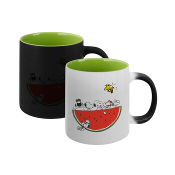 Snoopy summer, Κούπα Μαγική εσωτερικό πράσινο, κεραμική 330ml που αλλάζει χρώμα με το ζεστό ρόφημα