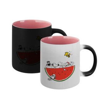 Snoopy summer, Κούπα Μαγική εσωτερικό ΡΟΖ, κεραμική 330ml που αλλάζει χρώμα με το ζεστό ρόφημα